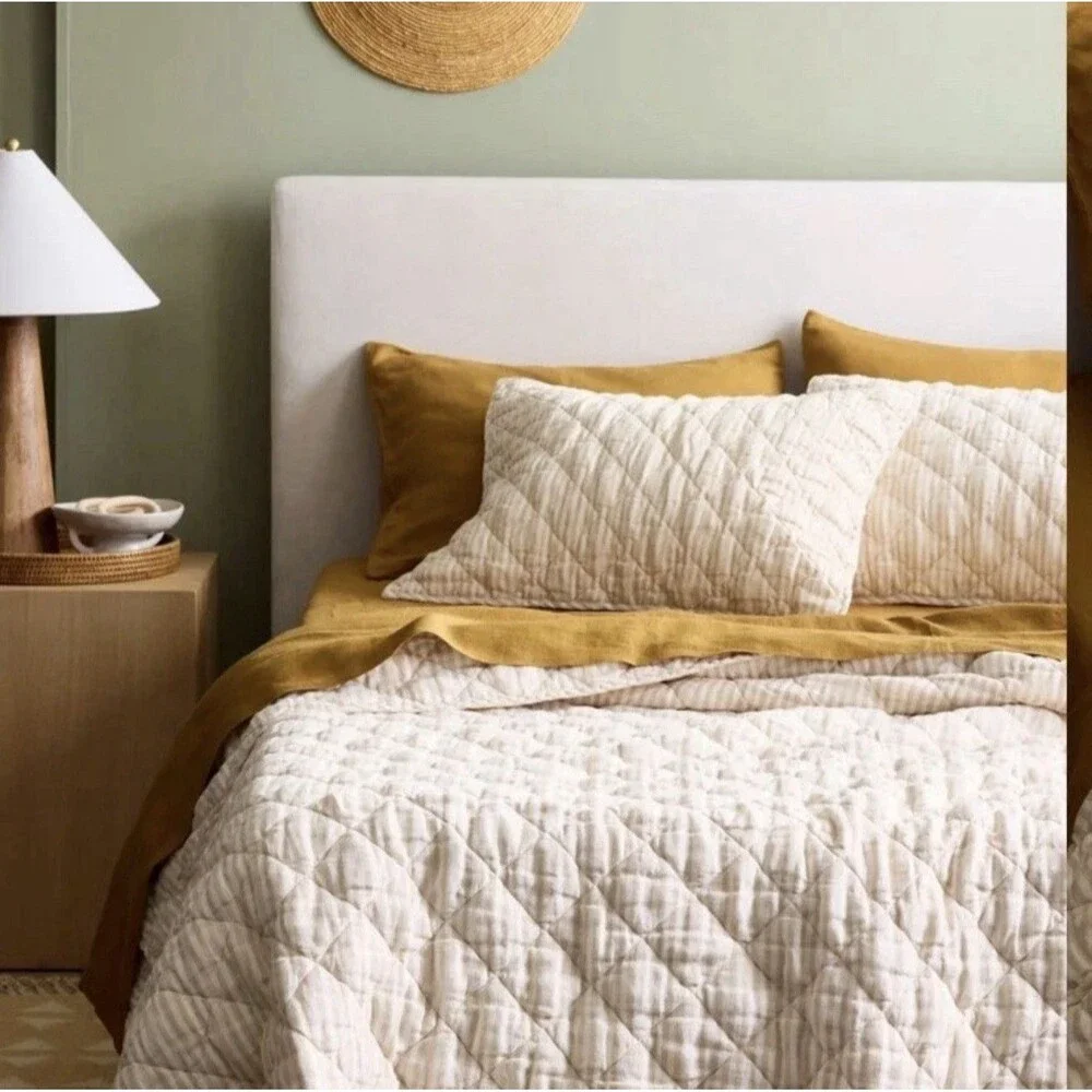 Quince European Linen Stripe Quilt Full/Queen White & Natural DISCONTINUED RARE